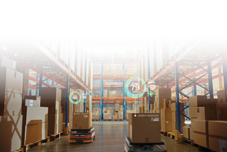 Automated guided vehicles (AGVs) navigating through a warehouse, transporting and moving boxes efficiently